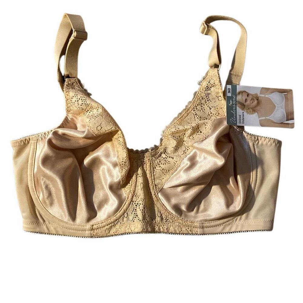 NWT UNDERSCORE Under Wire Silky Vintage Lace Overlay Edge Trim White Bra 36D